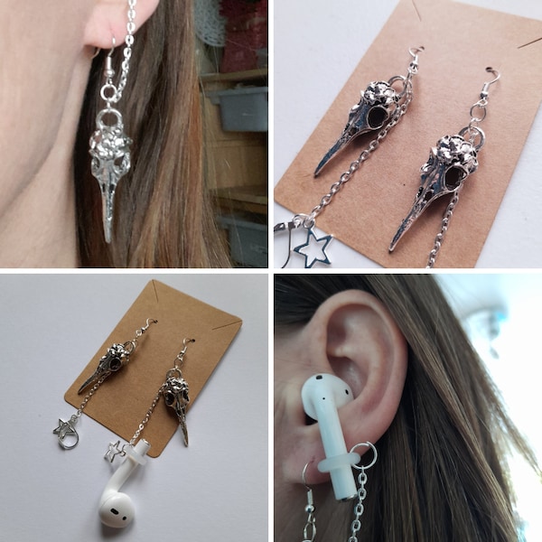 Bird Skull Anti Loss Ear Plug Earrings, Earring chain for air pods, loop earplug earrings, gothic bird skull earrings, witchy earbud holder,