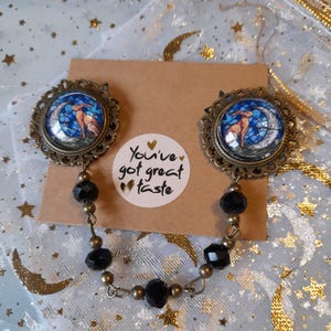 Stained glass moon gazing hare pin with beaded chain - double brooch - blouse or shirt collar chain accessory - bronze chain sweater clip