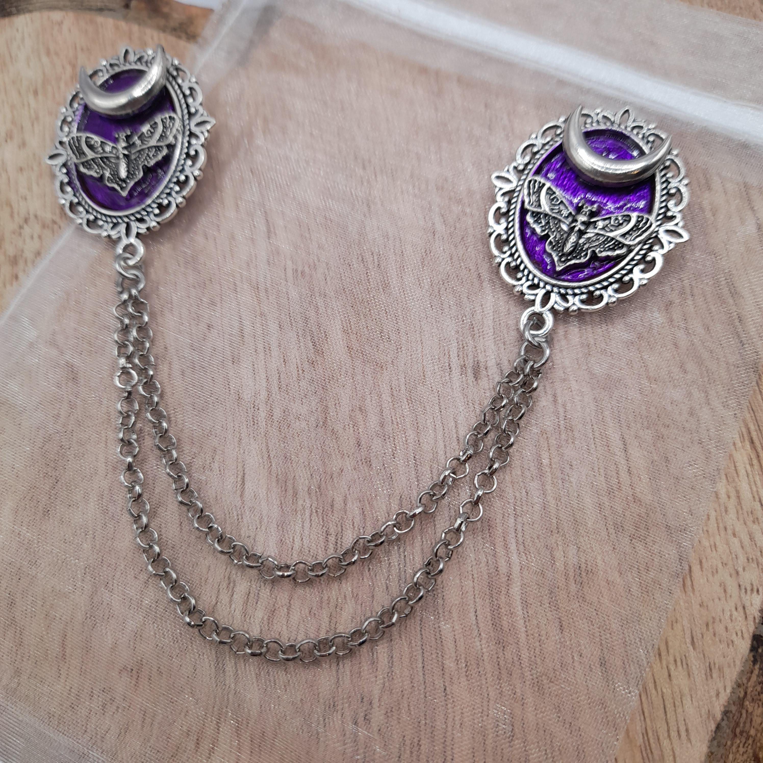 Silver horned moon and moth collar chain - double brooch cardigan clip - shirt collar accessory -