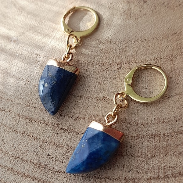 Handmade lapis lazuli dagger drop earrings, blue stone huggie hoop lever backs with gift pouch, stylish elegant jewellery gift,