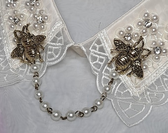 Golden bee and pearl bead collar chain - double brooch cardigan clip - bee pins with chain - shirt collar accessory - clasp for cloak -