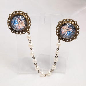 Glass fairy collar pin with chain - double brooch - blouse collar accessory - pearl chain double brooch cardigan accessory