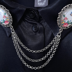 Floral butterfly collar pin with chain, double brooch pin, blouse collar accessory, shirt collar chain silver accessory,