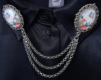 Alfiler de cuello mariposa floral con cadena, broche doble, accesorio cuello blusa, accesorio plata cadena cuello camisa,