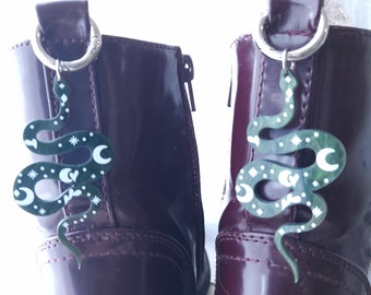 Green celestial snakes boot charm, shoe charm, snake with moon phases pendant dangle charm, boot accessory, customise my boots,