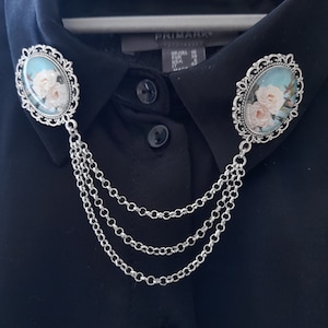 White roses against blue sky collar pin with chain, double brooch pin, blouse collar accessory, shirt collar chain silver accessory,
