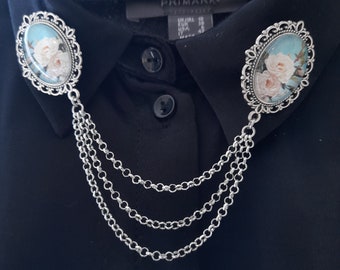 White roses against blue sky collar pin with chain, double brooch pin, blouse collar accessory, shirt collar chain silver accessory,