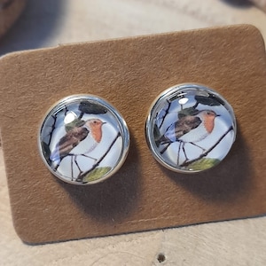Robin stud earrings, silver robin earrings, robin red breast jewellery, wild bird studs, 10mm studs, christmas jewelry, Christmas Gift