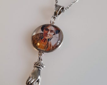 Fortune teller and crystal ball glass pendant necklace with dangling hand charm, Antique silver round pendant and chain, Halloween Costume,