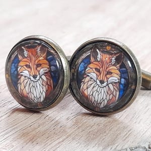 ステンドグラスのフォックスカフスボタン – アンティークブロンズ、シルバー、またはプラチナ