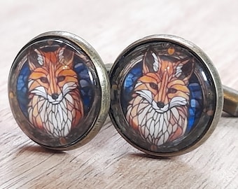 Stained Glass Fox Cufflinks – Antique Bronze, Silver, or Platinum