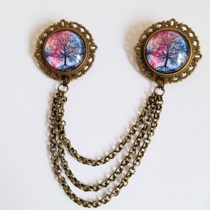 Glass tree of life collar pin and chain - double brooch - blouse collar accessory - shirt collar chain accessory - triple chain sweater clip