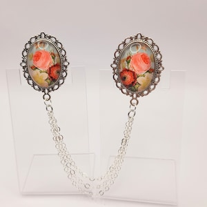 Colourful cottage garden flowers collar pin with chain, double brooch pin, blouse collar accessory, shirt collar chain silver accessory,