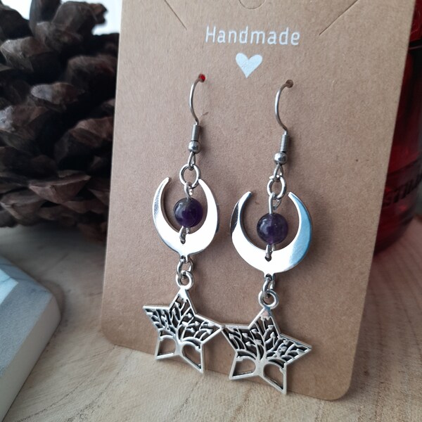 Moon and stars february birthstone jewellery gift, celestial tree of life earrings with gift pouch, amethyst birthstone earrings,