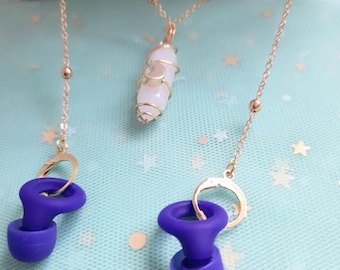 Rose quartz spiral moon loop earplug necklace - ear plug holder chain jewellery -  wireless earphone anti loss chain - prevent earplug loss