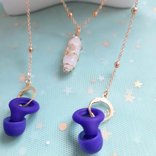 Rose quartz spiral moon loop earplug necklace - ear plug holder chain jewellery -  wireless earphone anti loss chain - prevent earplug loss