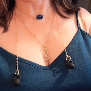 Premium gold multilayer loop earplug necklace - lapis lazuli gemstone and crystal encrusted snake pendant -