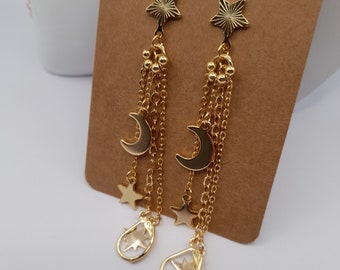 Gold moon and stars long dangle stud loop earplug earrings