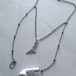 Stainless steel bat and black chain earplug necklace, loop earplug jewellery, air pod chain necklace,