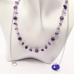 Amethyst chain loop earplug necklace - ear plug holder jewellery - amethyst chip and round beads on dark silver chain with earplug clips -