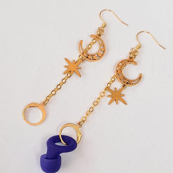 Gold north star and moon loop earplug earrings - new 2025 summer design - keep safe earring chain for earplugs - alt jewellery for gigs -