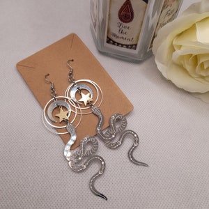 Snake moon and star earrings, golden moon snake dangle earrings, silver celestial earrings, boho earrings, snake hoops, crescent moon,