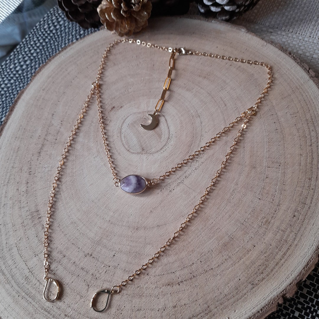 Amethyst Gold Chain With Moon Earplug Necklace, Gold Necklace for