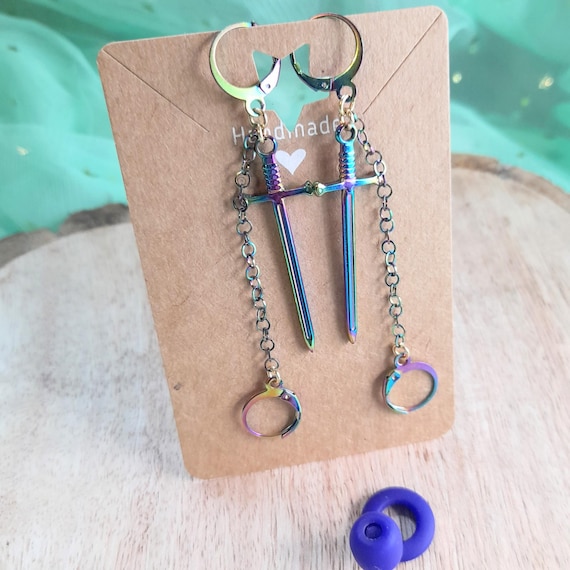 Sword rainbow loop earplug earrings - keep safe earring chain for earplugs - alt jewellery for gigs -