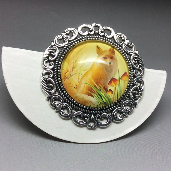 Golden fox brooch badge - 35mm silver ornate cabochon frame pin- with velvet purse gift bag - wildlife jewellery - mushroom ornamental pin