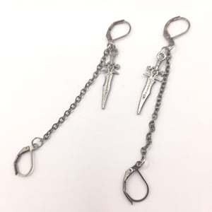 Gunmetal grey sword loop earplug earrings - sword pendant with chain and earplug holder clips -
