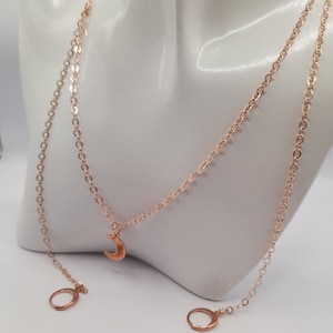 Dainty moon charm loop earplug necklace - rose gold charm and chain with earplug holder clips - ear plug holder chain jewellery -