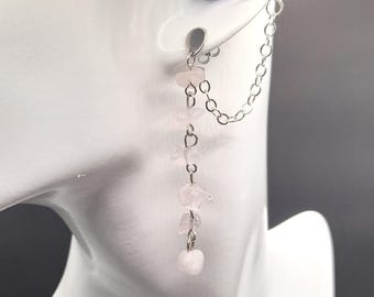 Rose quartz bead loop earplug earrings - stainless steel stud and clip - gig music festival jewellery