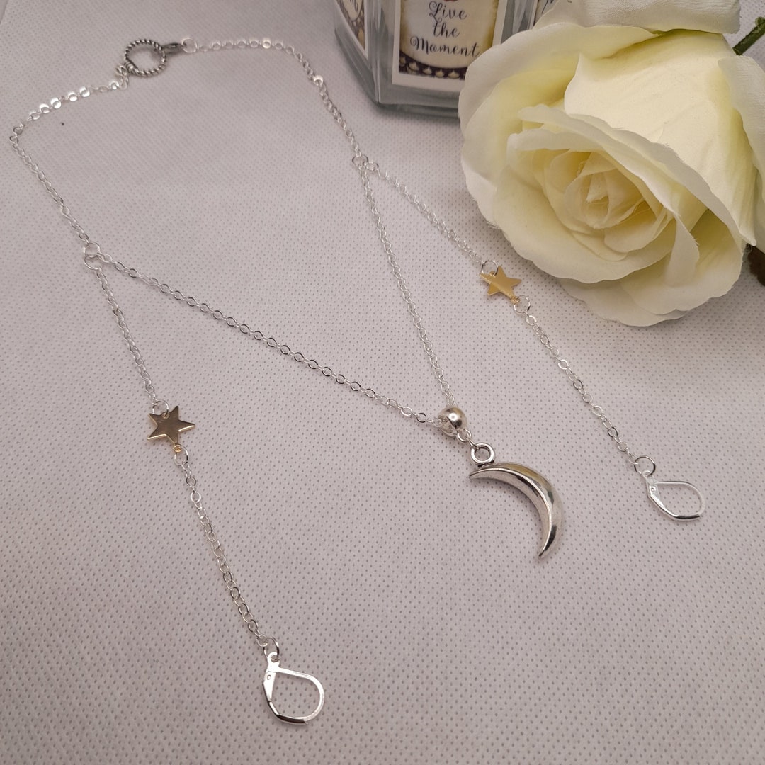 Moon and Stars Loop Earplug Necklace Ear Plug Holder Silver Chain