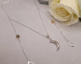 Moon and Stars loop earplug necklace - ear plug holder silver chain jewellery -  wireless earphone anti loss chain - prevent earplug loss