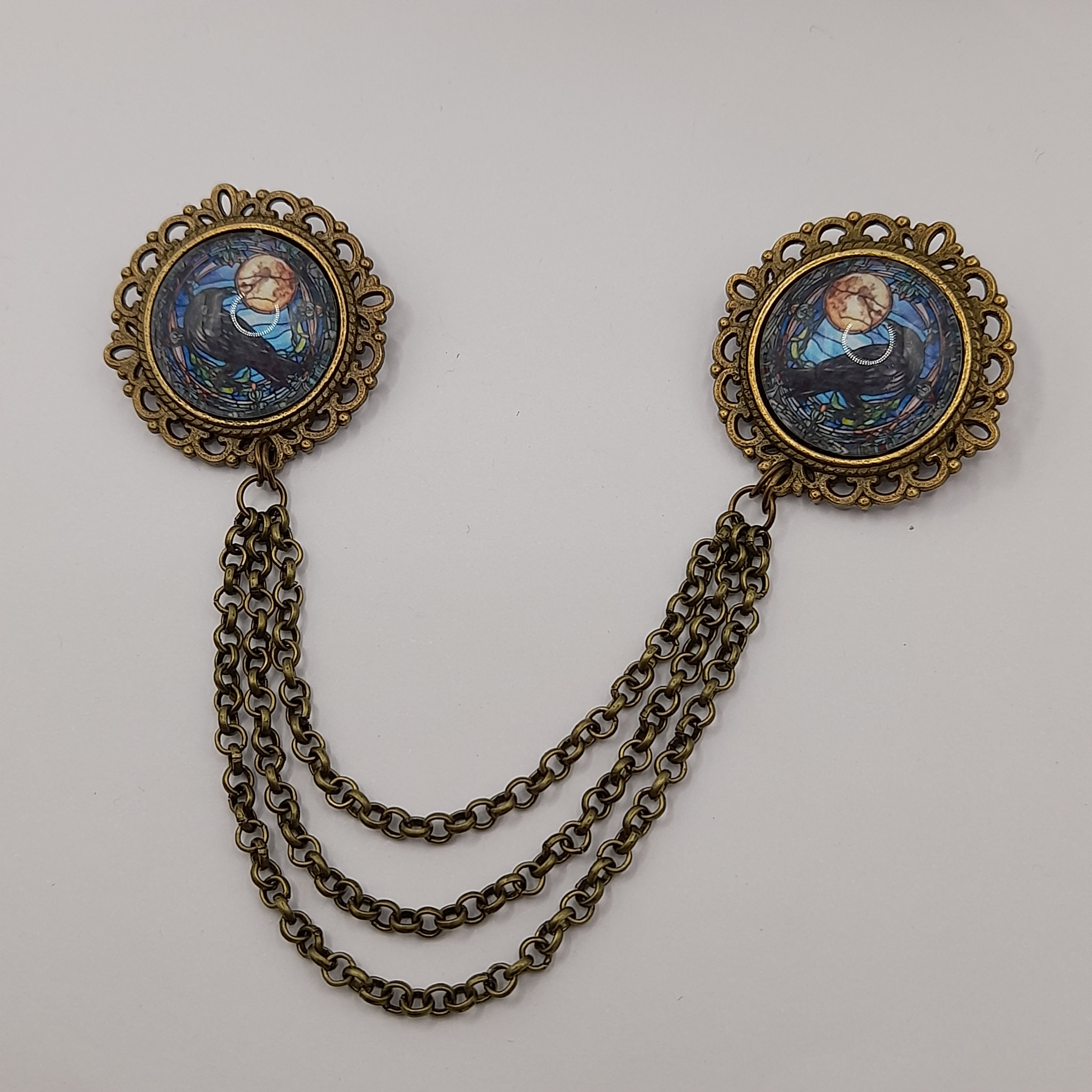 Raven and Moon Collar Pin: Bronze Chain Double Brooch