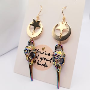 Rainbow bird skull and horned crescent moon long dangle earrings, gold raven skull gothic jewellery,