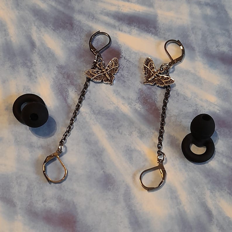 Gunmetal grey moth loop earplug earrings - secure hoops - festival jewellery image 2