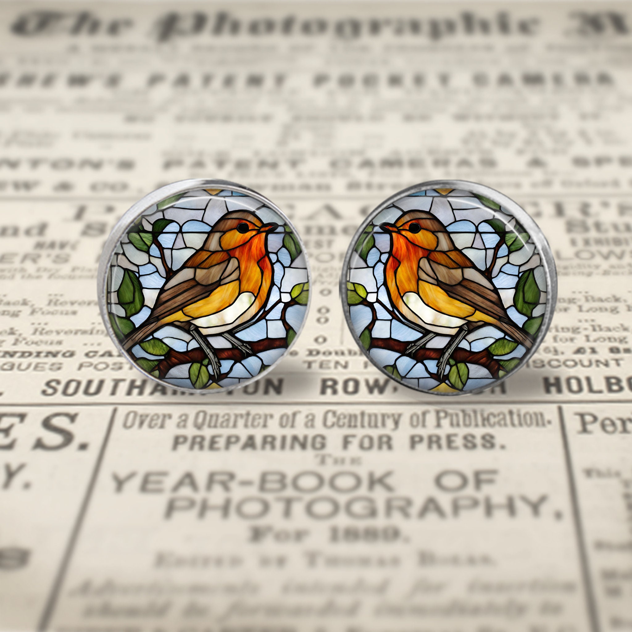 Stained Glass Robin Glass Image Cufflinks - Available in Antique Bronze ...