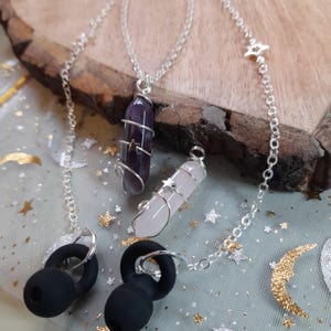 Loop earplug necklace - wire wrapped amethyst or rose quartz point pendant with silver chain -
