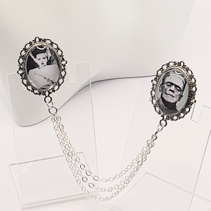 Frankenstein and bride collar pin with chain - double brooch pin - unique halloween accessory - shirt collar triple chain clip -
