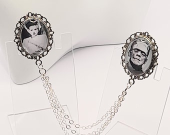 Frankenstein and bride collar pin with chain - double brooch pin - unique halloween accessory - shirt collar triple chain clip -