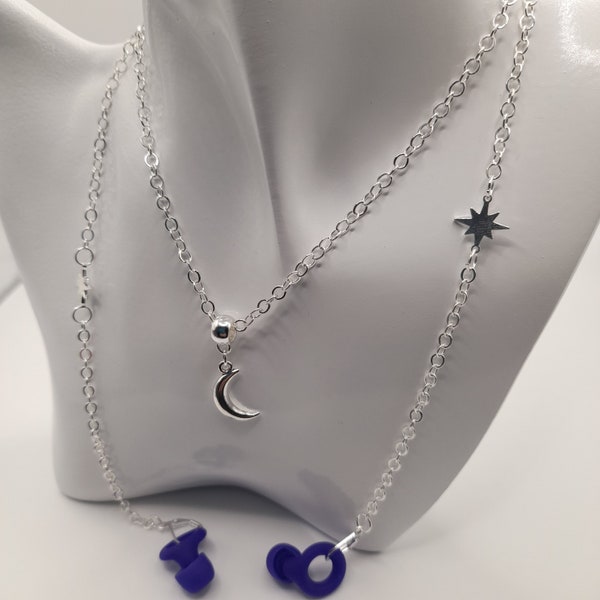 Silver Moon & Star Earplug Necklace: Anti-Loss Safety Chain