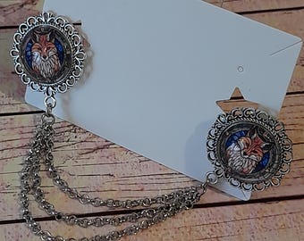 Glass winter fox collar pin with chain - double brooch - blouse collar accessory - shirt collar chain accessory -  3 chain sweater clip