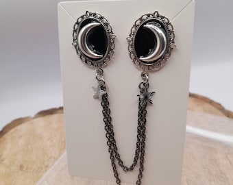 Silver moon and stars collar chain - double brooch cardigan clip - shirt collar accessory -