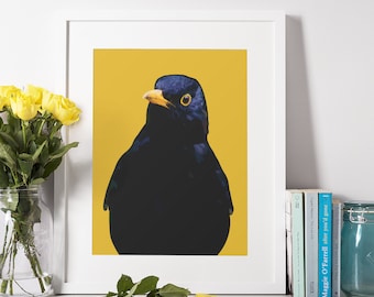 Bobby the Blackbird, Blackbird Art Print, Blackbird Wall Art, Bird Print, Blackbird Digital Print