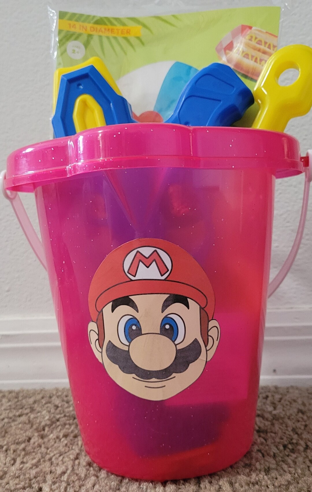 Beach Play Set Mario Bros, Sand Bucket, Shovel, Ball and Water Gun by