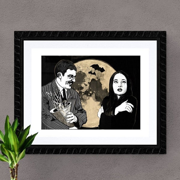 Gomez and Morticia love poster, Addams family valentine's day, romantic illustration, Addams family original print, Addams Family Decor