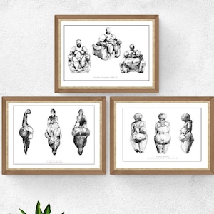 Neolithic goddess and Paleolithic print. Collection of 3 Archeology illustration. Museum poster. Mother goddess venus. Archeology room decor