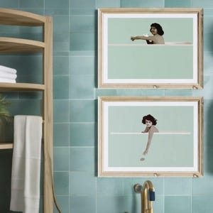 Bathtub wall decor, 2 piece wall art, silent film posters, teal artwork, unique art pieces, bathroom decor funny, gifts for film lover