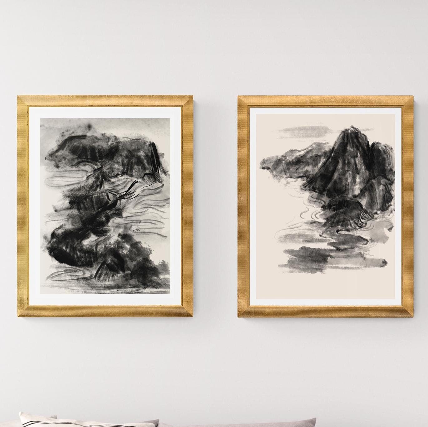 墨絵　Sumi-e a painting in black ＆white Sumi-e Japanese Ink Painting -- Mountain River Mists - Etsy